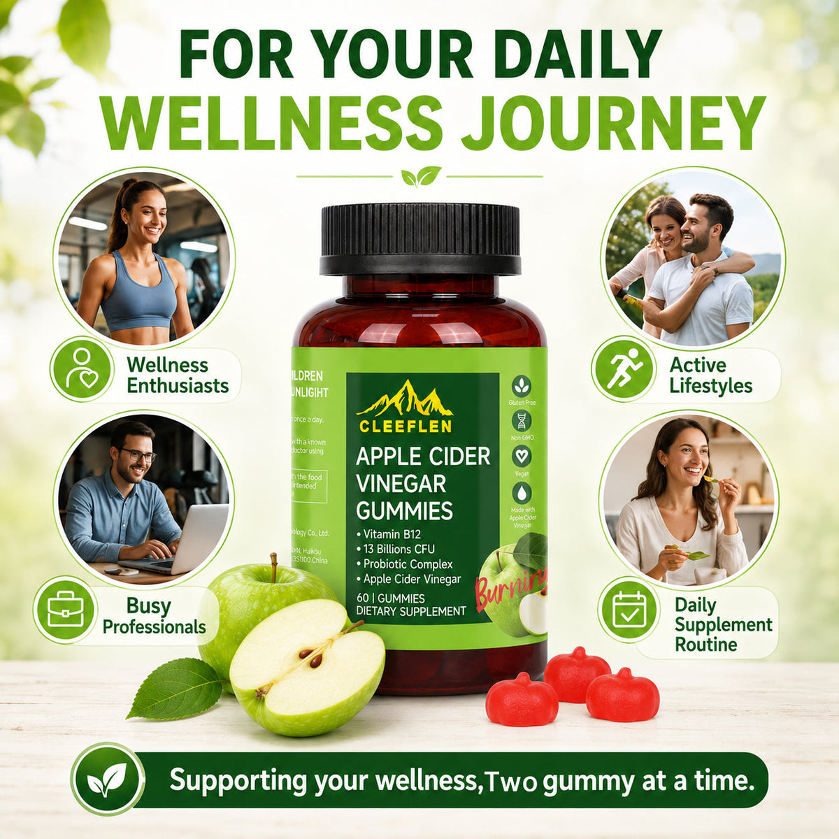 Apple Cider Vinegar Gummies with Viamin B12, ACV with Probiotics Cleeflen