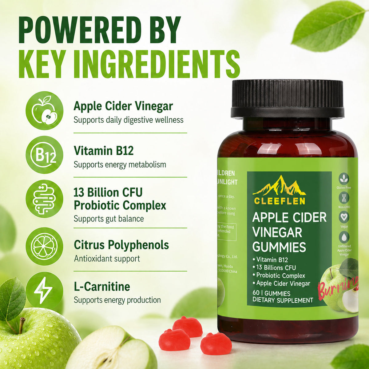 Apple Cider Vinegar Gummies with Viamin B12, ACV with Probiotics Cleeflen